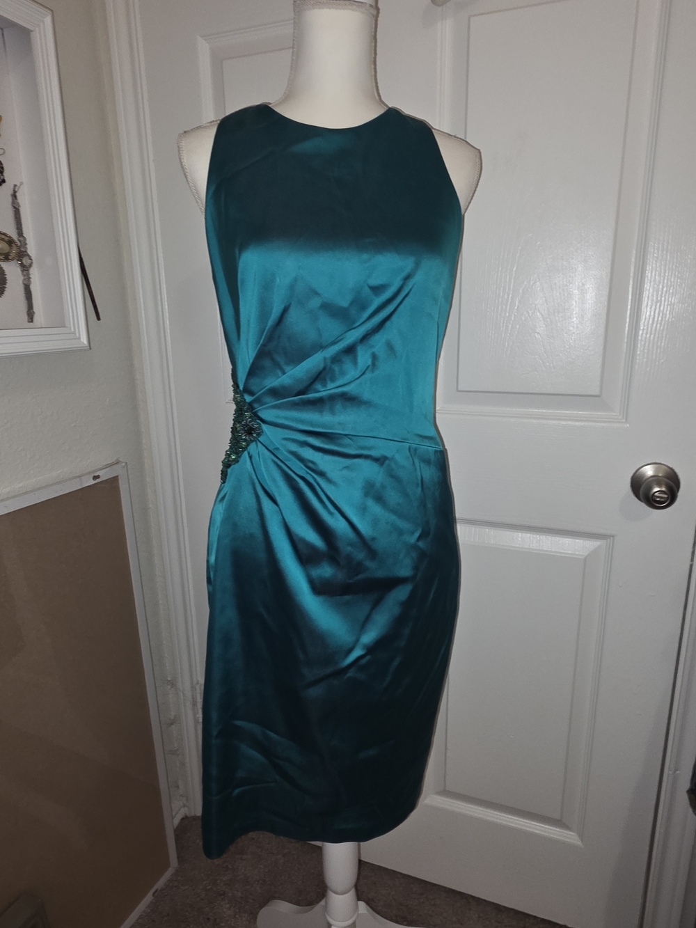 David Meister Teal Satin Midi Sheath Dress with Side Beaded Detail